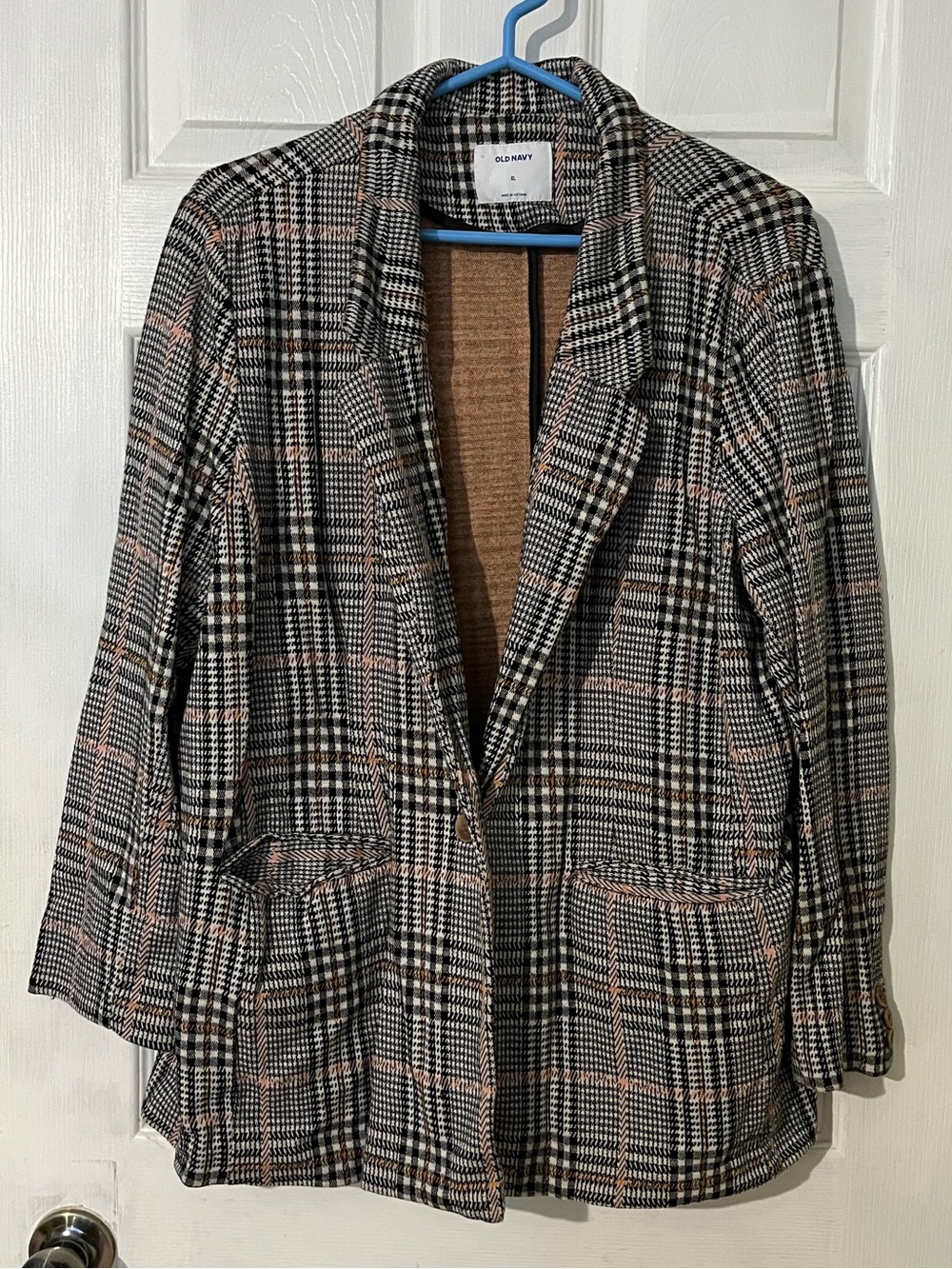 Old Navy Plaid Blazer in Black and Tan with Subtle Pink Accent